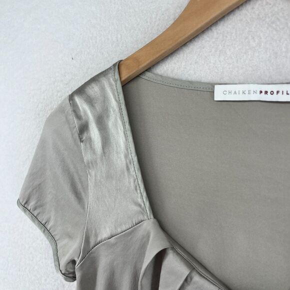 CHAIKEN PROFILE Top 0 XS Stretch Silk Satin Pleated Cap Sleeve Gray Silver USA - Picture 7 of 14